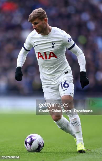 Timo Werner of Tottenham Hotspur controls the ball during the Premier League match between Tottenham Hotspur and Crystal Palace at Tottenham Hotspur...