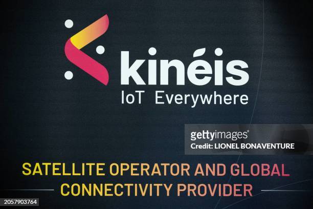 The logo of the company Kineis, satellite operator and connectivity provider for the Internet of Things , is seen during a press conference...