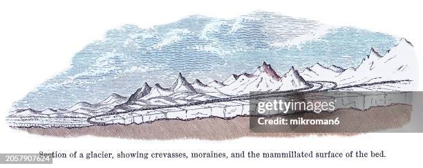 old engraving illustration of section of a glacier, showing crevasses, moraines and the mammillated surface of the bed - santa cruz province argentina stock pictures, royalty-free photos & images