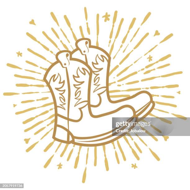 cowboy boots over gold rays hipster style - cowboy boots stock illustrations