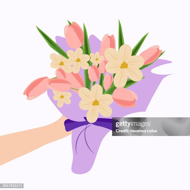 human hand extending a flower bouquet - receive flowers stock illustrations