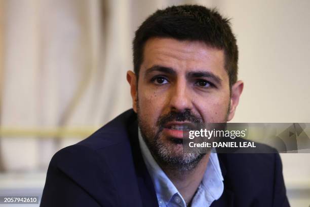 Michael Levy, brother of Or Levy, speaks during a press conference by relatives of people being held hostage by Palestinian Islamist group Hamas, at...