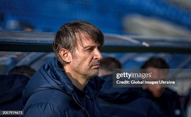 Head coach of Dynamo Kyiv Oleksandr Shovkovskyi stands before the Ukrainian Premier League match between Dynamo Kyiv and Chornomorets Odesa at...