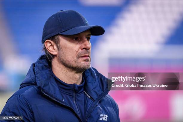 Head coach of Dynamo Kyiv Oleksandr Shovkovskyi stands during the Ukrainian Premier League match between Dynamo Kyiv and Chornomorets Odesa at...