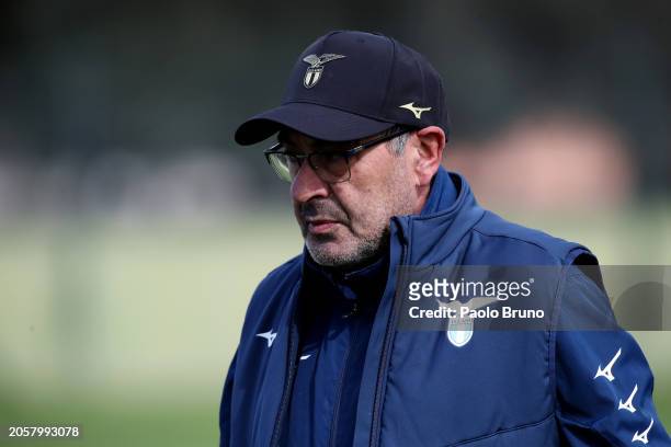 Lazio head coach Maurizio Sarri looks on during SS Lazio training session and press conference before the UEFA Champions League match against FC...