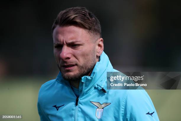 Ciro Immobile looks on during SS Lazio training session and press conference before the UEFA Champions League match against FC Bayern München at...