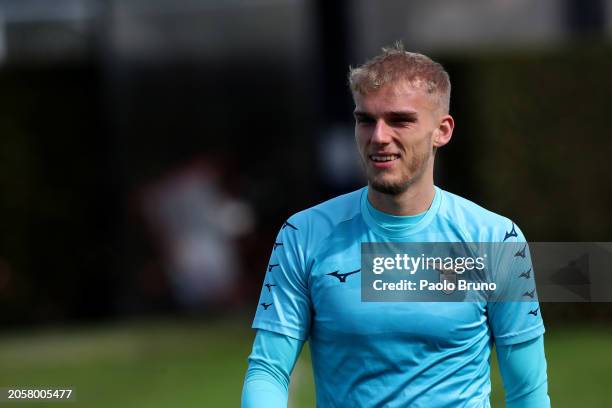 Gustav Isaksen looks on during SS Lazio training session and press conference before the UEFA Champions League match against FC Bayern München at...