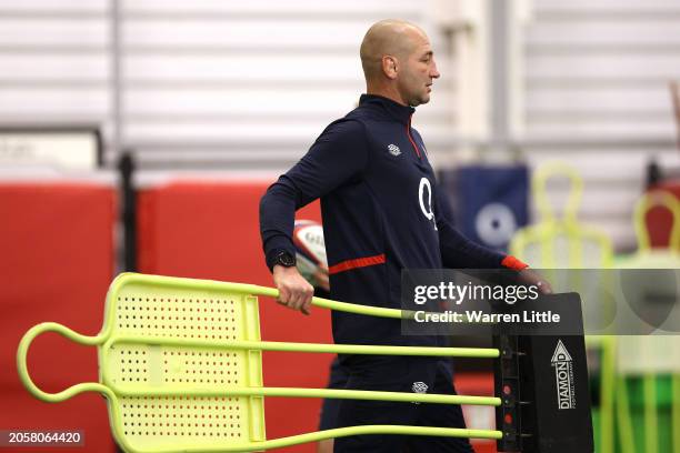 Steve Bothwick, Head Coach of England Rugby leads an indoor training session at the Honda England Rugby Performance centre at Pennyhill Park on March...