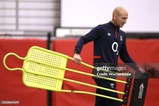 Steve Bothwick, Head Coach of England Rugby leads an indoor training session at the Honda England Rugby Performance centre at Pennyhill Park on March...