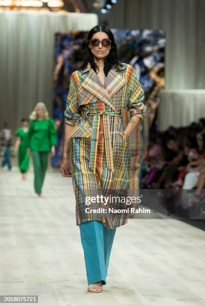 Model showcases designs by Martin Grant during the Triumphant x PayPal Runway at Melbourne Fashion Festival 2024 on March 04, 2024 in Melbourne,...