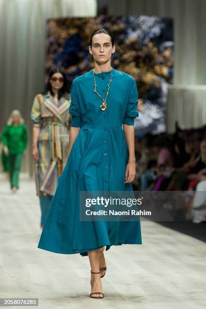 Model showcases designs by Martin Grant during the Triumphant x PayPal Runway at Melbourne Fashion Festival 2024 on March 04, 2024 in Melbourne,...