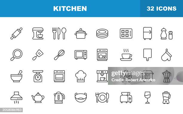 kitchen line icons. editable stroke. contains such icons as dough roll, tea pot, kettle, pot, fridge, plate, dishes, cutting board, kitchen scale, oven, chef's cap, coffee maker, blender, cutlery, bow - dining room vector stock illustrations