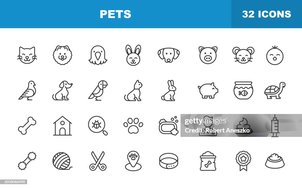 Pets Line Icons. Editable Stroke. Contains such icons as Pet, Animal, Domestic Animal, Dog, Puppy, Eagle, Bird, Cat, Kitten, Bunny, Rabbit, Pig, Mouse, Chick, Dove, Parrot, Golden Fish, Tortoise.