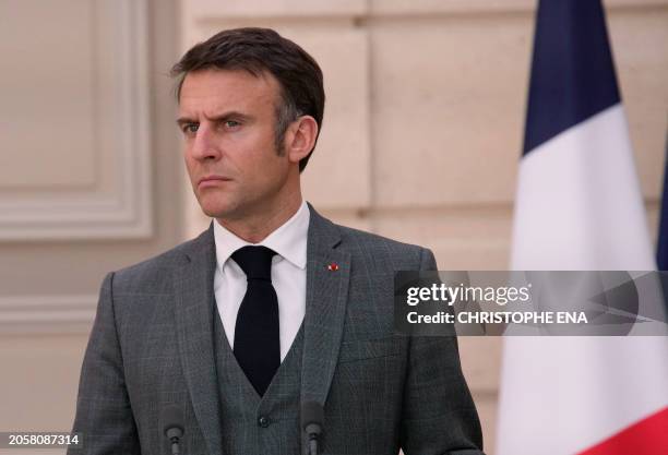 France's President Emmanuel Macron attends a media conference ahead of a working lunch with Moldova's President Maia Sandu at the Elysee Palace in...