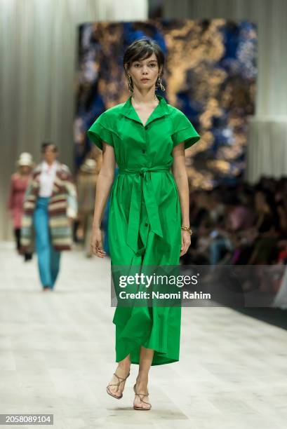 Model showcases designs by Martin Grant during the Triumphant x PayPal Runway at Melbourne Fashion Festival 2024 on March 04, 2024 in Melbourne,...