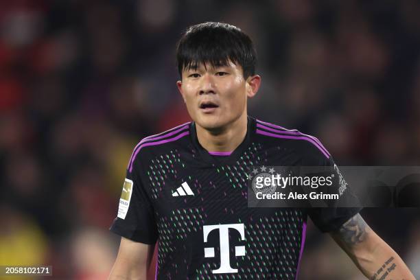 Kim Min-Jae of Bayern Muenchen reacts during the Bundesliga match between Sport-Club Freiburg and FC Bayern München at Europa-Park Stadion on March...