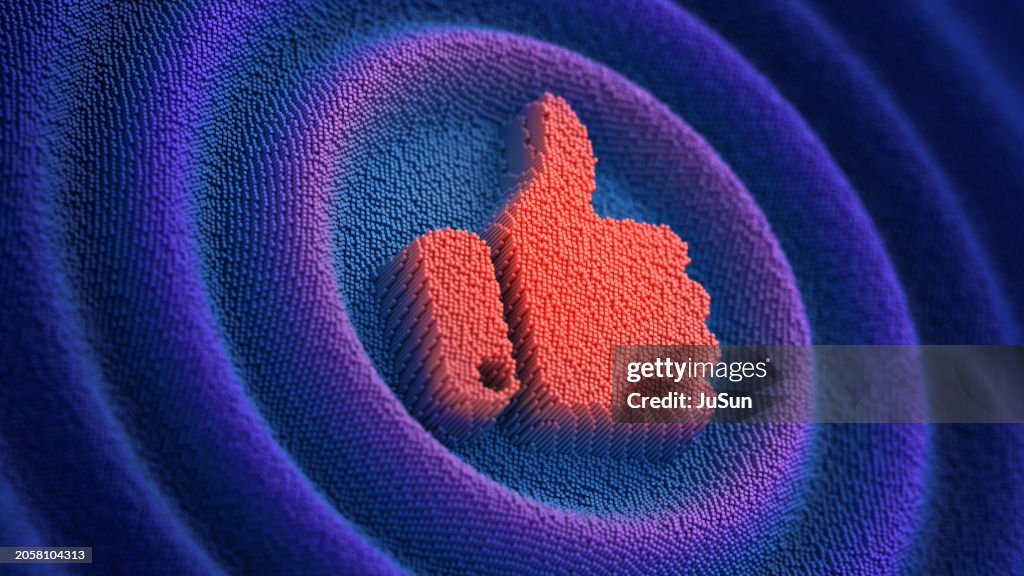 Like sign on the futuristic neon wavy pixelated background. Thumbs up symbol. Social media 3d illustration.