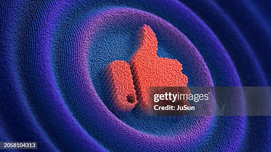Like sign on the futuristic neon wavy pixelated background. Thumbs up symbol. Social media 3d illustration. Like sign on the futuristic neon wavy pixelated background. Thumbs up symbol. Social media 3d illustration.