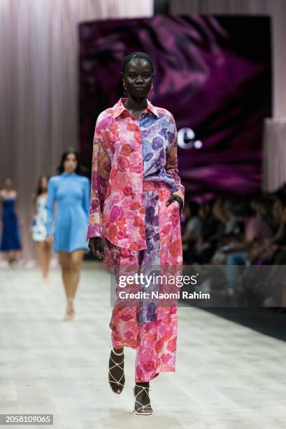 Model showcases designs by Aje during the Triumphant x PayPal Runway at Melbourne Fashion Festival 2024 on March 04, 2024 in Melbourne, Australia.