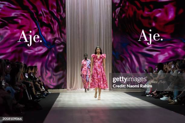 Model showcases designs by Aje during the Triumphant x PayPal Runway at Melbourne Fashion Festival 2024 on March 04, 2024 in Melbourne, Australia.