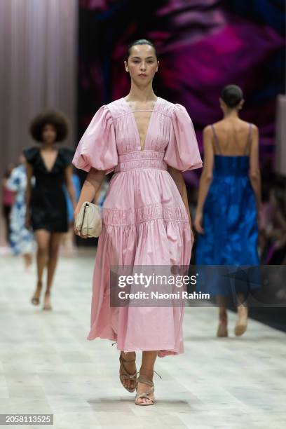 Model showcases designs by Aje during the Triumphant x PayPal Runway at Melbourne Fashion Festival 2024 on March 04, 2024 in Melbourne, Australia.