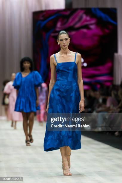 Model showcases designs by Aje during the Triumphant x PayPal Runway at Melbourne Fashion Festival 2024 on March 04, 2024 in Melbourne, Australia.