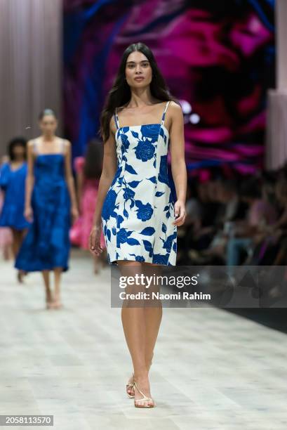 Model showcases designs by Aje during the Triumphant x PayPal Runway at Melbourne Fashion Festival 2024 on March 04, 2024 in Melbourne, Australia.