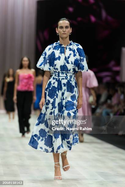 Model showcases designs by Aje during the Triumphant x PayPal Runway at Melbourne Fashion Festival 2024 on March 04, 2024 in Melbourne, Australia.