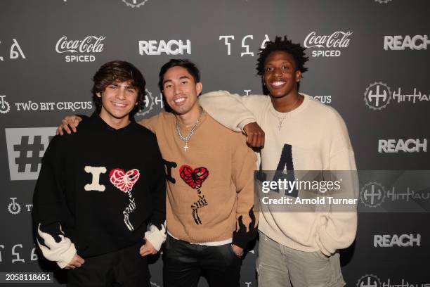 Ayden Mekus, Tommy Bui and Juan Cortez attend HiitHaus #NuffSaid Party at Two Bit Circus on March 03, 2024 in Los Angeles, California.