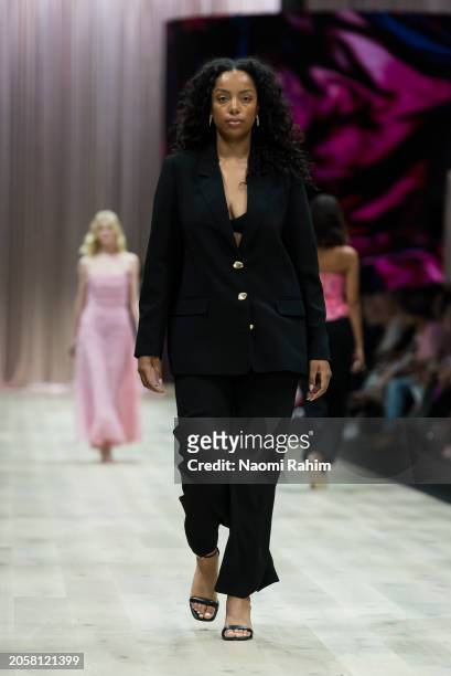 Model showcases designs by Aje during the Triumphant x PayPal Runway at Melbourne Fashion Festival 2024 on March 04, 2024 in Melbourne, Australia.