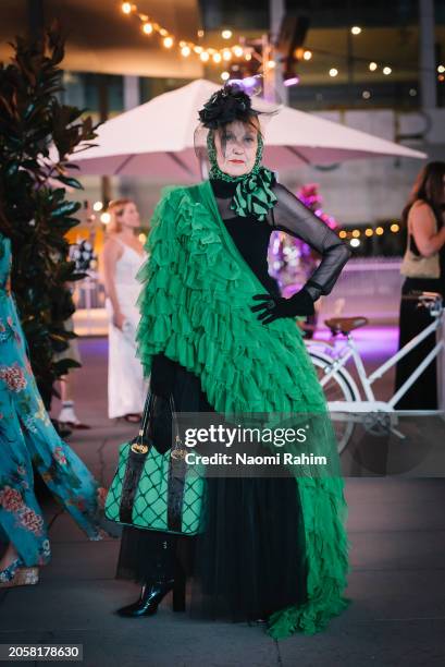 Suzanne Suzette wears a thrift and customised black and green tulle dress at Melbourne Fashion Festival 2024 on March 04, 2024 in Melbourne,...