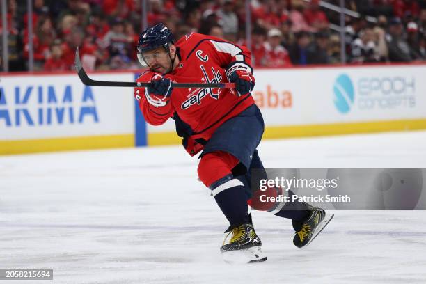 Alex Ovechkin of the Washington Capitals shoot the puck against the Arizona Coyotes during the second period at Capital One Arena on March 03, 2024...