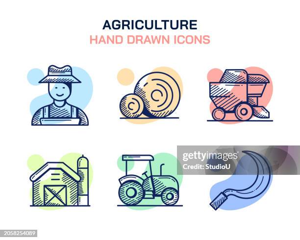 agriculture icons with farmer, hay bale, combine harvester, barn, tractor, sickle icons - harrow stock illustrations