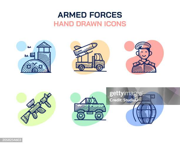 ilustraciones, imágenes clip art, dibujos animados e iconos de stock de iconos de las fuerzas armadas con iconos de base militar, lanzacohetes, soldado, rifle, granada de mano - granada armamento
