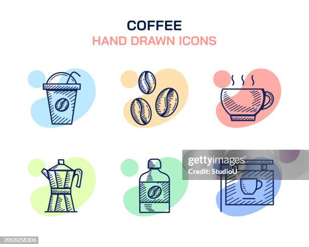 stockillustraties, clipart, cartoons en iconen met coffee, iced coffee, coffee beans, coffee cup, moka pot, cold brew coffee icons - moka pot