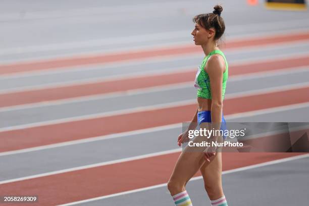 Lia Apostolovski of Slovenia is competing in the high jump event at the 2024 World Athletics Championships at the Emirates Arena in Glasgow.