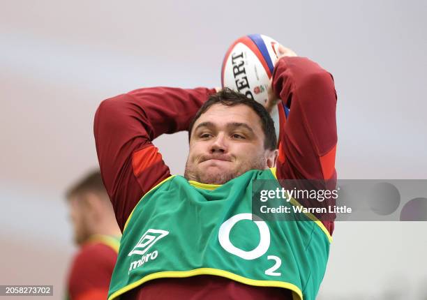 Jamie George takes part in an indoor training session at the Honda England Rugby Performance centre at Pennyhill Park on March 04, 2024 in Bagshot,...