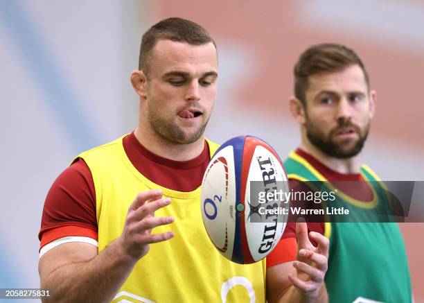 Ben Earl takes part in an indoor training session at the Honda England Rugby Performance centre at Pennyhill Park on March 04, 2024 in Bagshot,...