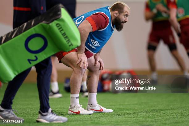 Joe Marler takes part in an indoor training session at the Honda England Rugby Performance centre at Pennyhill Park on March 04, 2024 in Bagshot,...