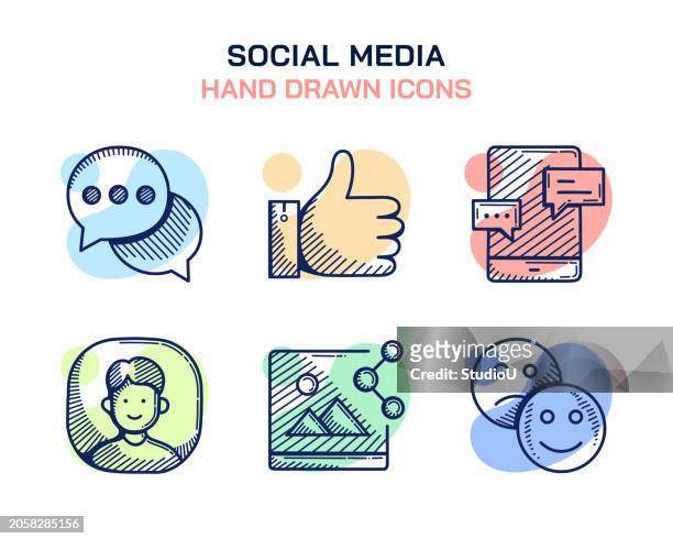 social media, speech bubble, thumbs up, online messaging, avatar, content icons - emoji iphone stock illustrations