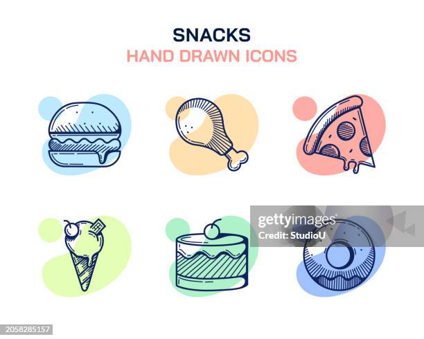 stockillustraties, clipart, cartoons en iconen met snacks, hamburger, chicken drumstick, pizza, ice cream, pancake, doughnut icons - fried chicken