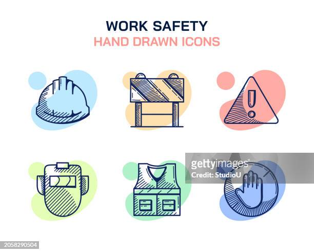 work safety, hardhat, welding helmet, no trespassing, warning sign icons - waistcoat stock illustrations