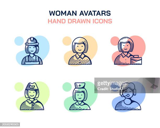 stockillustraties, clipart, cartoons en iconen met woman avatars, engineer, teacher, businesswoman, air stewardess, nurse icons - air stewardess