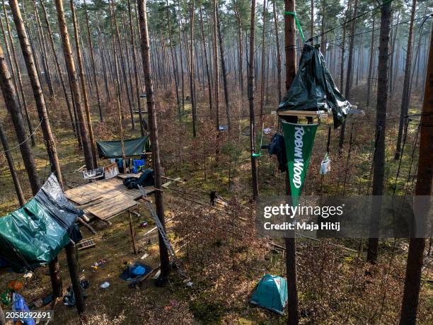 In this aerial view, activists from the environmental action group "Robin Wood" stand among tree houses they have built in an effort to prevent...