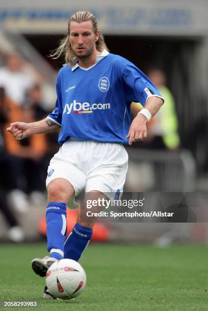 July 31: Robbie Savage of Birmingham City kicking before the Pre Season Friendly match between Hull City and Birmingham City at Kc Stadium on July...