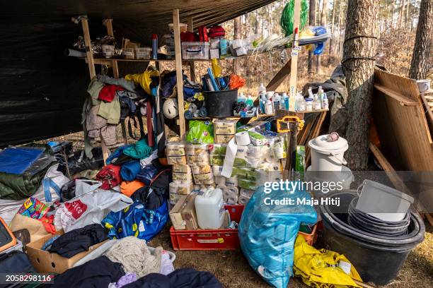 Storage area for activists from the environmental action group "Robin Wood" is seen in an area among tree houses they have built in an effort to...