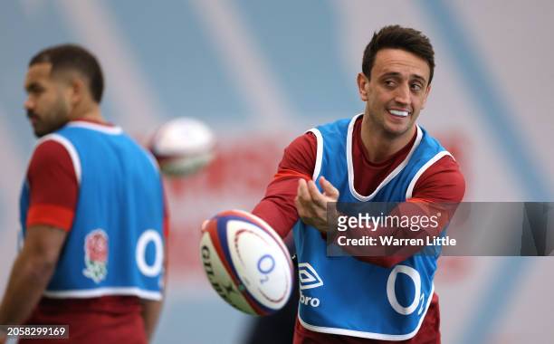 Alex Mitchell takes part in an indoor training session at the Honda England Rugby Performance centre at Pennyhill Park on March 04, 2024 in Bagshot,...