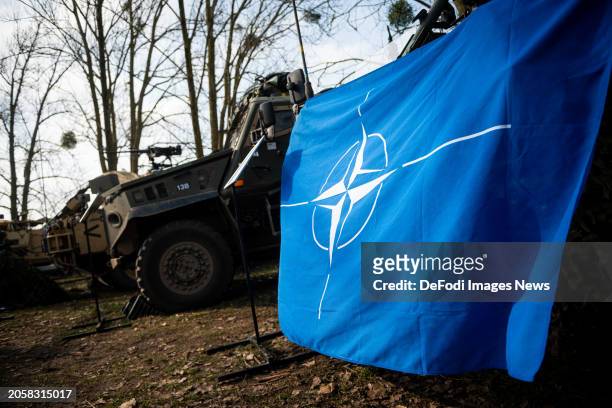 Flag seen during the NATO Dragon 24 military exercise on March 4, 2024 in Korzeniewo, Poland. Dragon 24 is a key element of NATO maneuvers as part of...
