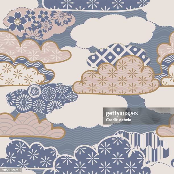 japanese cloud pattern collage. textile patchwork design with floral and geometric elements. traditional light blue seamless background. - japanese cloud pattern stock illustrations