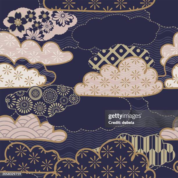 japanese cloud pattern collage. textile patchwork design with floral and geometric elements. traditional colorful seamless background. - japanese cloud pattern stock illustrations